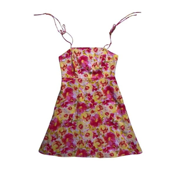 Old Navy Dresses & Skirts - Old Navy Floral Mini Dress Womens Small Pink Yellow Linen Tie Shoulder Smocked